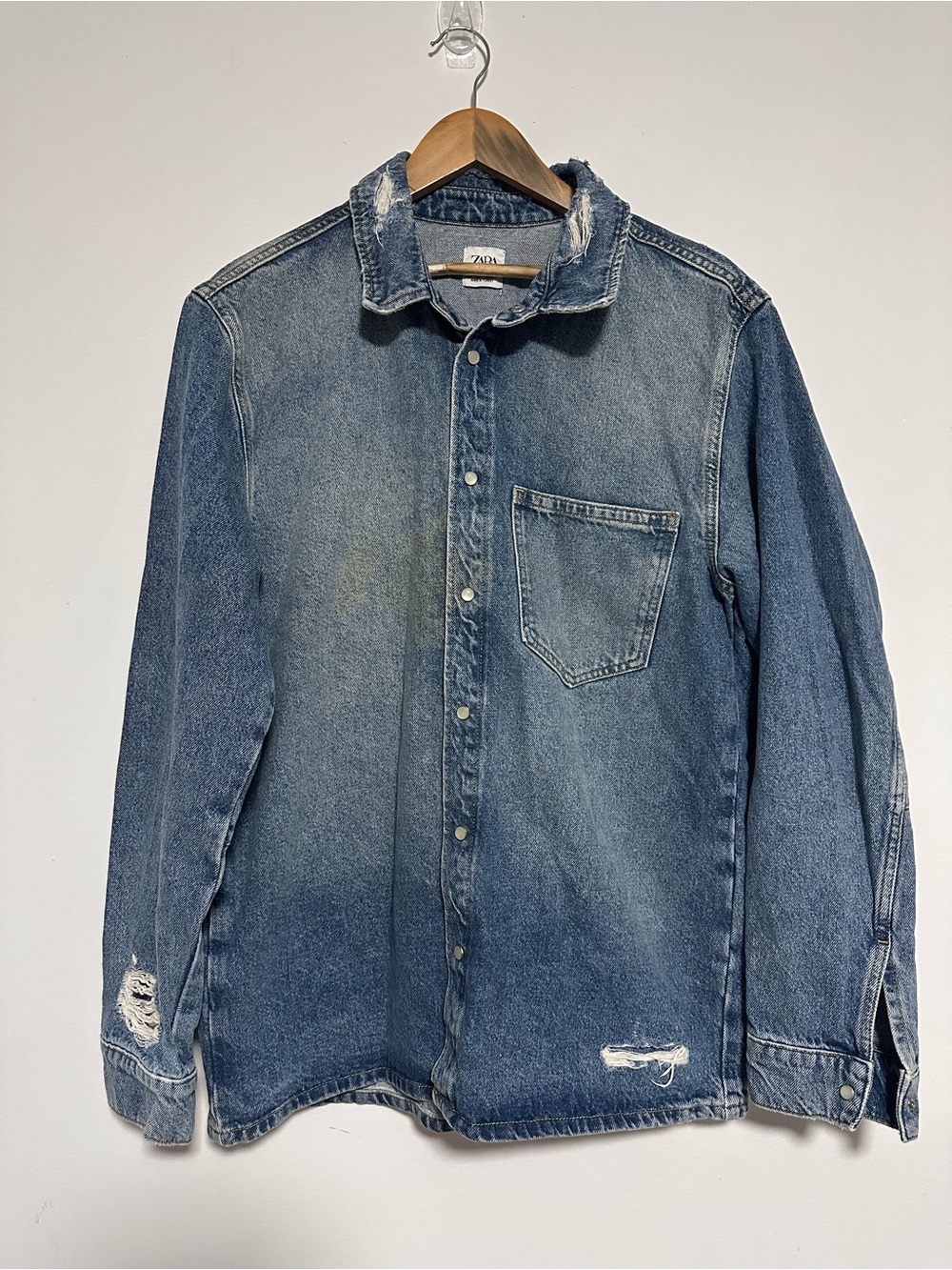 Zara Men's Faded Blue Distressed Denim Button-Down Shirt